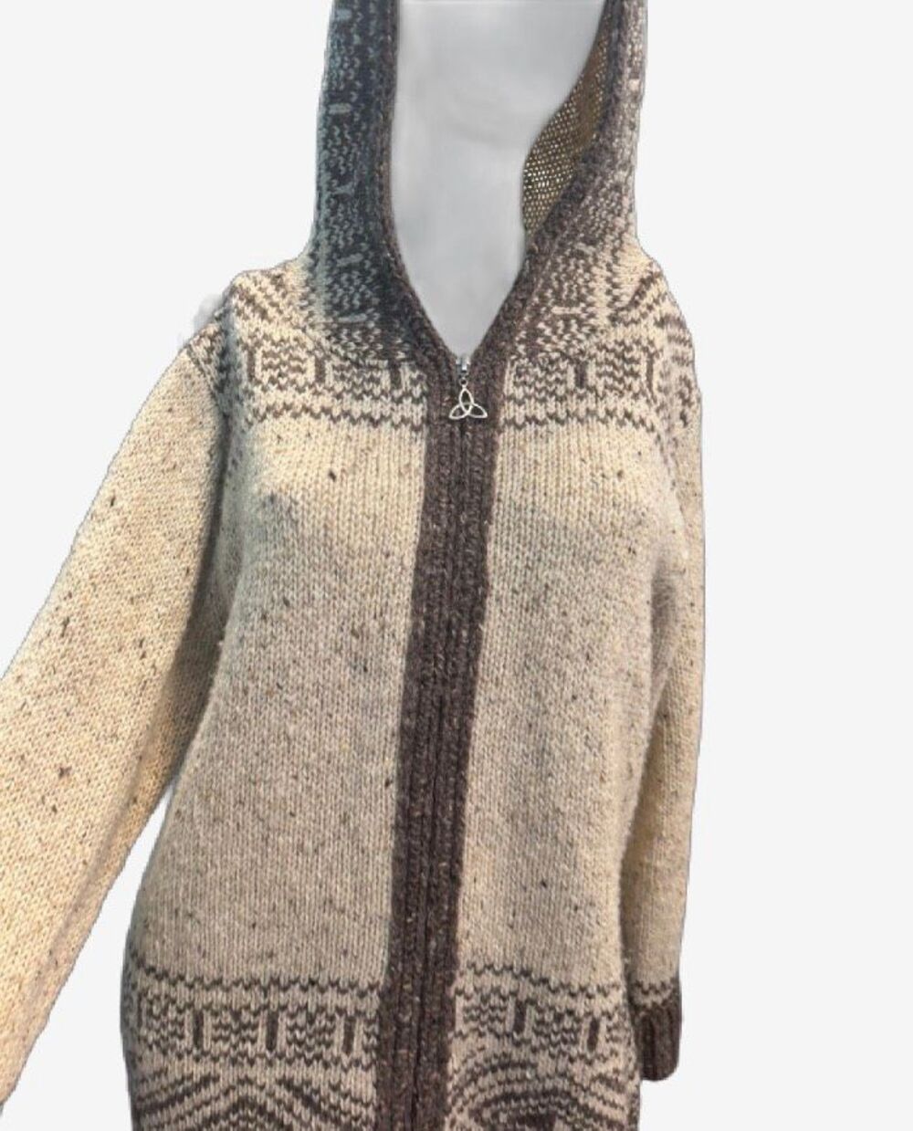 Aran Crafts Ireland Zip Front Hooded Wool Sweater tan Women’s Size Large - Picture 4 of 9